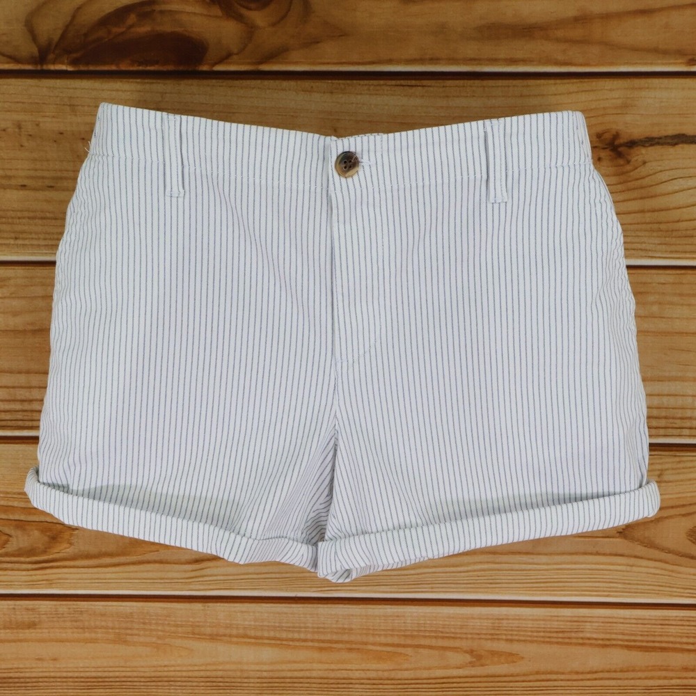 Old Navy Everyday Shorts Cuffed Womens L White Blue Stripes Pockets Belt Loops